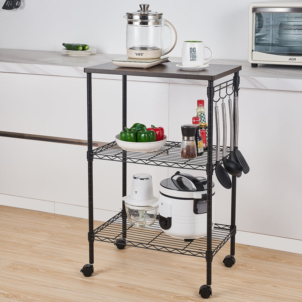 3 Tier Rolling Cart, SEGMART Utility Cart with Wheels, Microwave Cart with Storage, Durable Metal Storage Cart for Kitchen Bathroom Office, Portable Kitchen Cart with 4 Hooks Holds Food Books, H1466