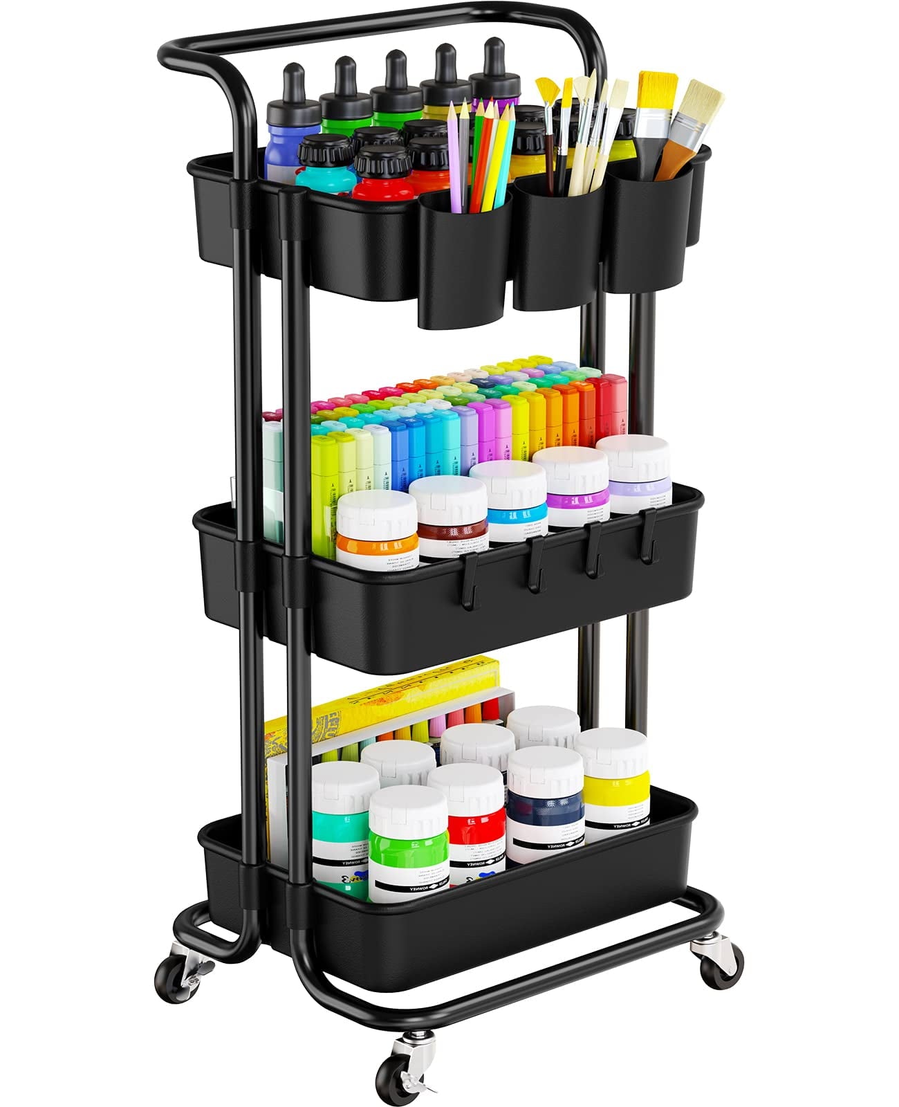 3-Tier Metal Rolling Cart Utility Cart Storage Cart with Lockable Wheels, 3 Hanging Cups & 4 Hooks for Office, Kitchen, Black