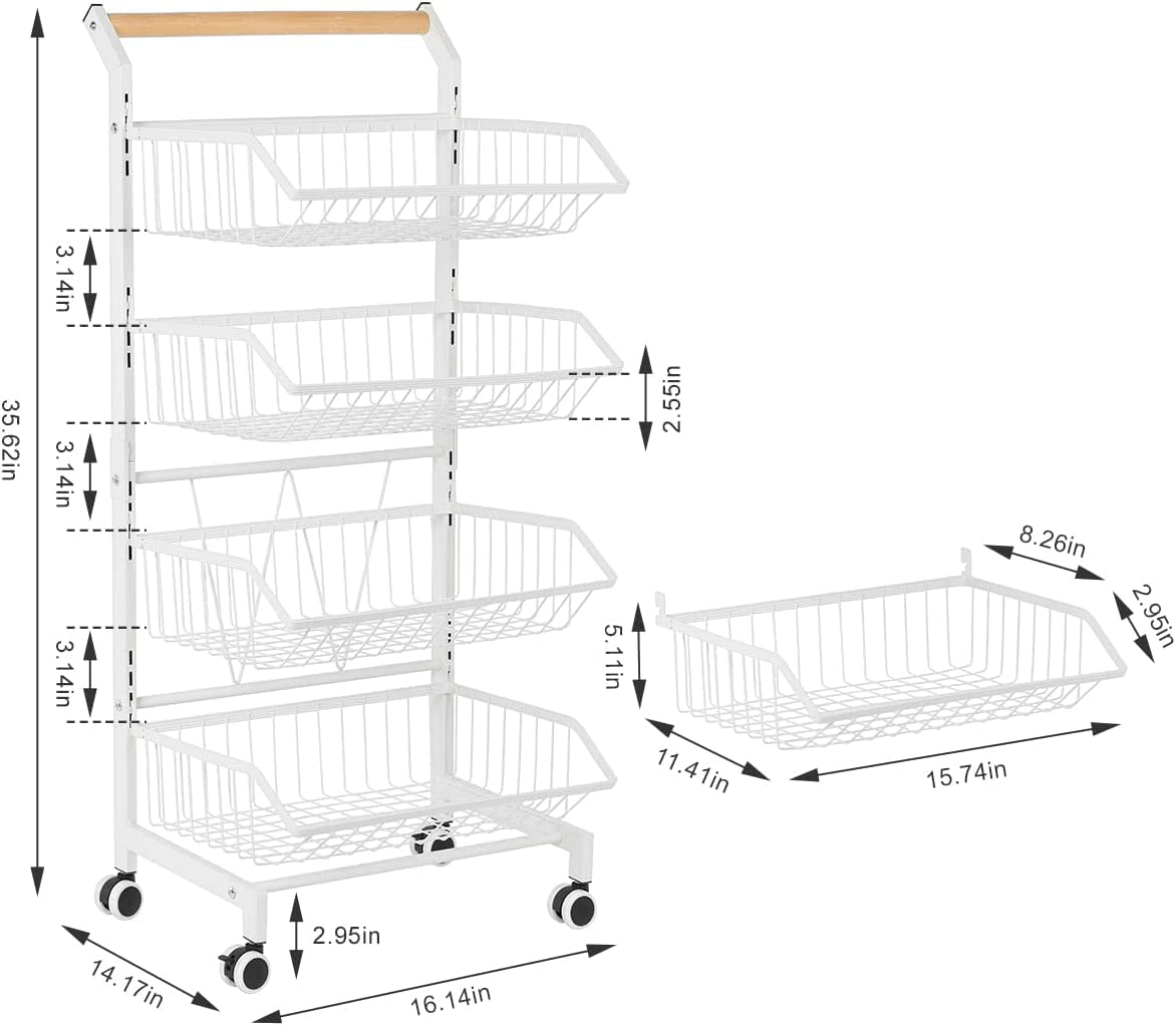 4 Tier Fruit Vegetable Storage Basket Rolling Cart with Handle and Wheels, White
