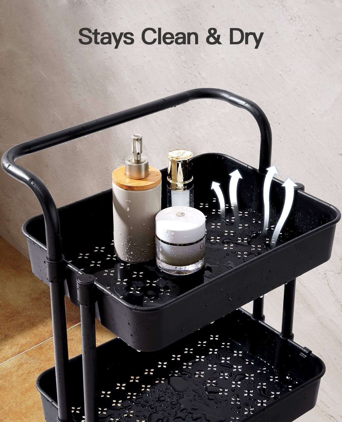 3-Tier Metal Rolling Cart Utility Cart Storage Cart with Lockable Wheels, 3 Hanging Cups & 4 Hooks for Office, Kitchen, Black