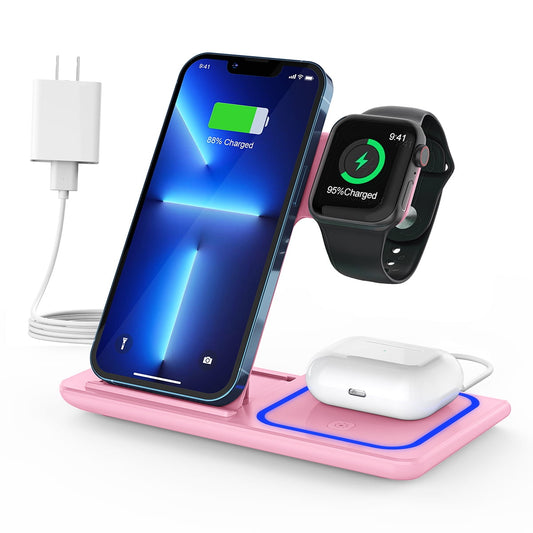 Wireless Charger, 3 in 1 Fast Wireless Charging Station with Breathing Indicator Compatible with IPhone 15/14/13/12/11 Pro Max/XS, Apple Watch 8/7/6/5/4, AirPods 3/2/1, Samsung Galaxy(with Adapter)